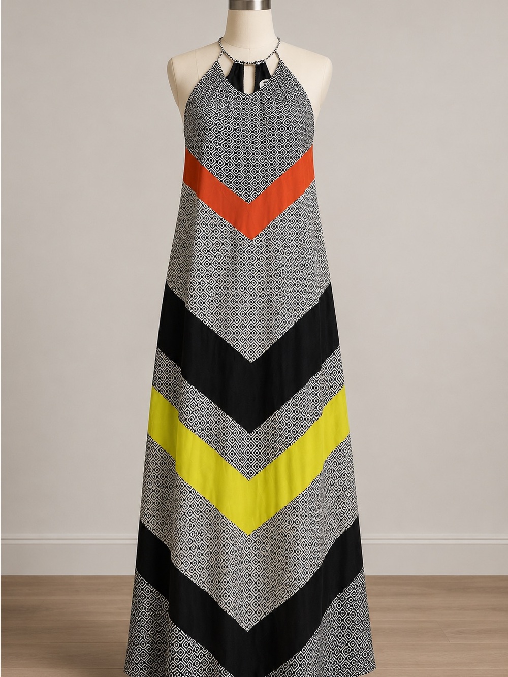 Geometric Halter Maxi Dress in Black, Orange & Yellow